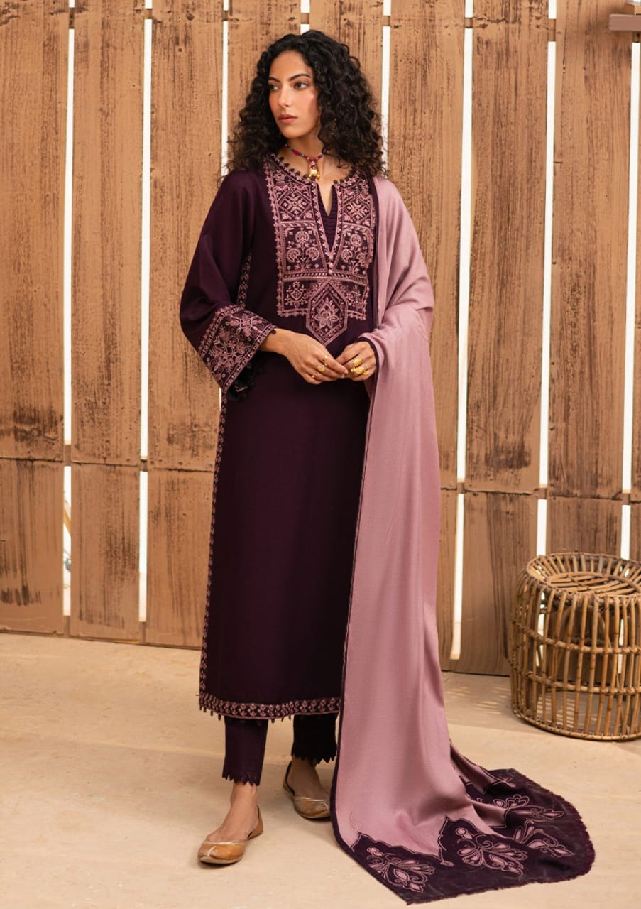 Zarqash unstitched embroidered dhanak dress