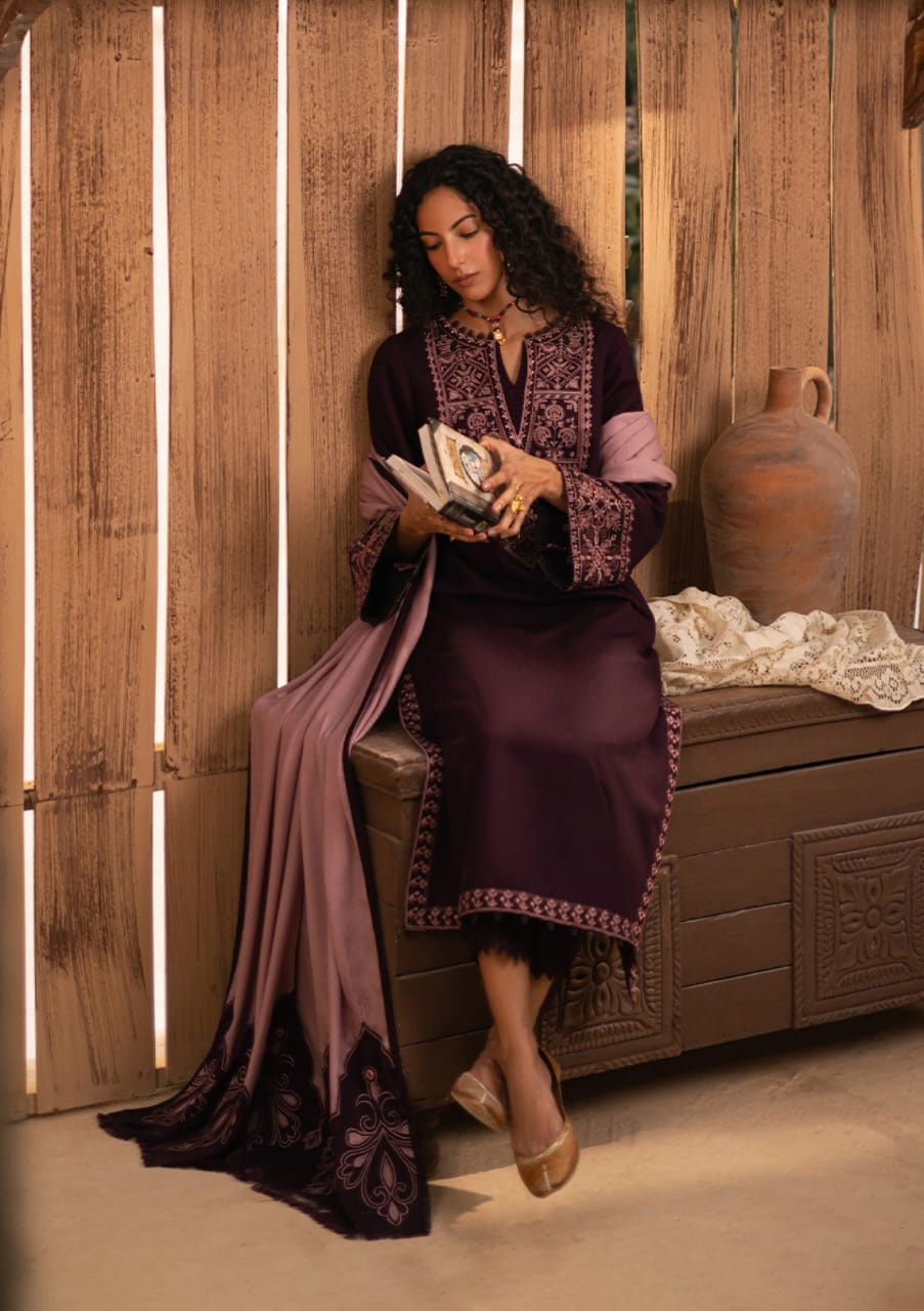 Zarqash unstitched embroidered dhanak dress