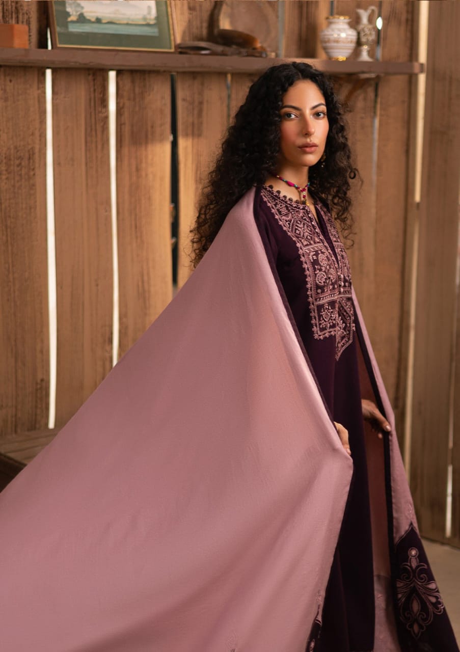 Zarqash unstitched embroidered dhanak dress