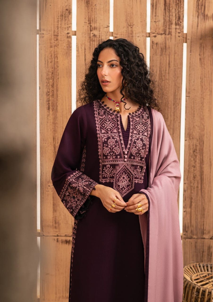 Zarqash unstitched embroidered dhanak dress